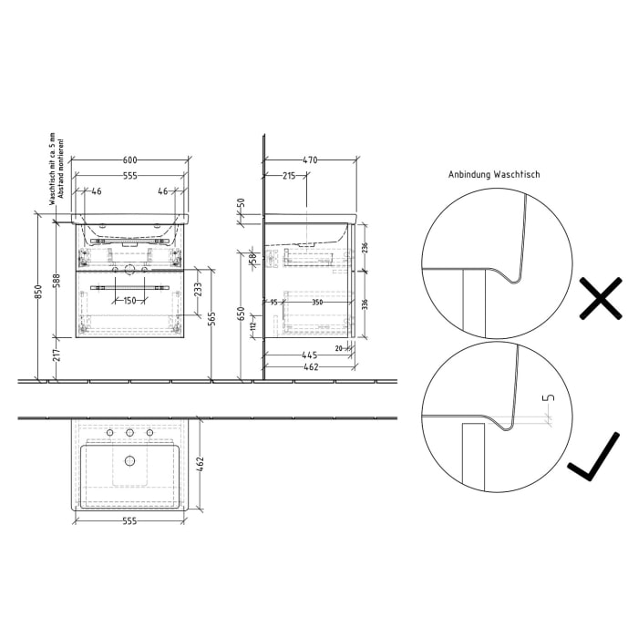 Sanipa 3way Waschtischunterbau für Keramik-Waschtisch Subway 3.0 60 cm, 2 Auszüge mit Griffleisten