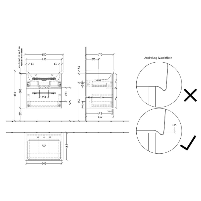 Sanipa 3way Waschtischunterbau für Keramik-Waschtisch Subway 3.0 65 cm, 2 Auszüge mit Griffleisten