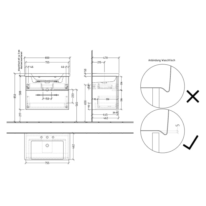 Sanipa 3way Waschtischunterbau für Keramik-Waschtisch Subway 3.0 80 cm, 2 Auszüge mit Griffleisten