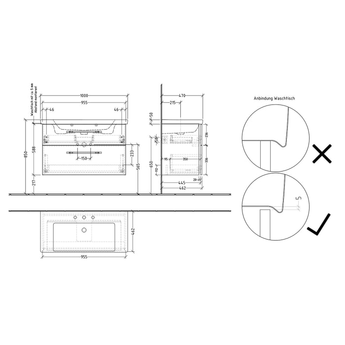 Sanipa 3way Waschtischunterbau für Keramik-Waschtisch Subway 3.0 100 cm, 2 Auszüge mit Griffleisten