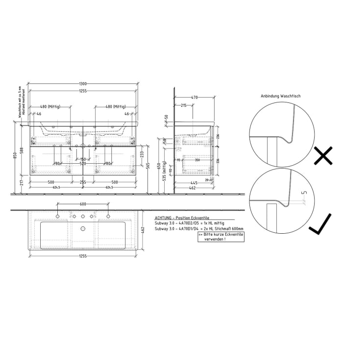 Sanipa 3way Waschtischunterbau für Keramik-Waschtisch Subway 3.0 130 cm, 4 Auszüge mit Griffleisten
