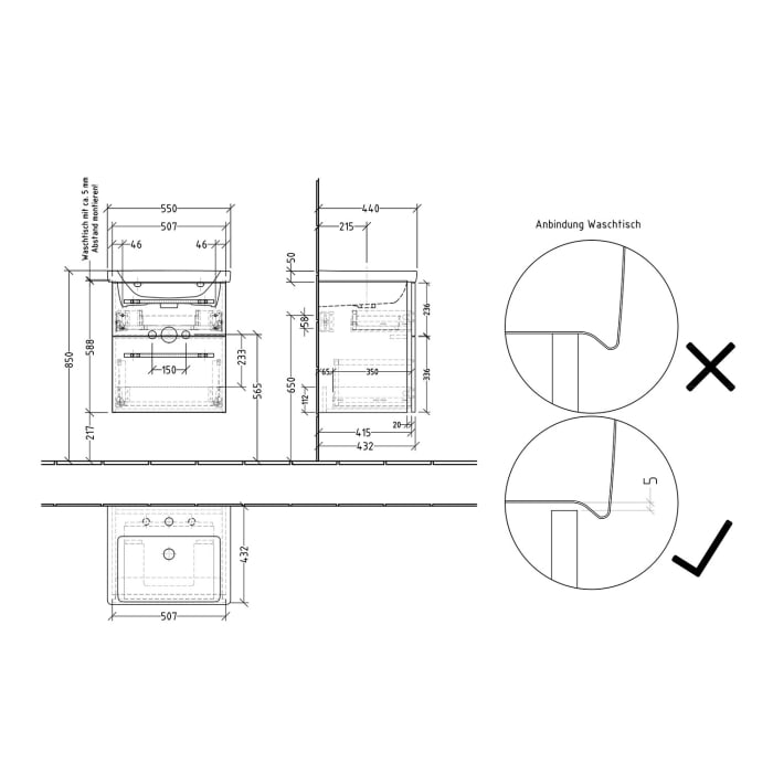 Sanipa 3way Waschtischunterbau für Keramik-Waschtisch Subway 3.0 55 cm, 2 Auszüge mit Griffleisten