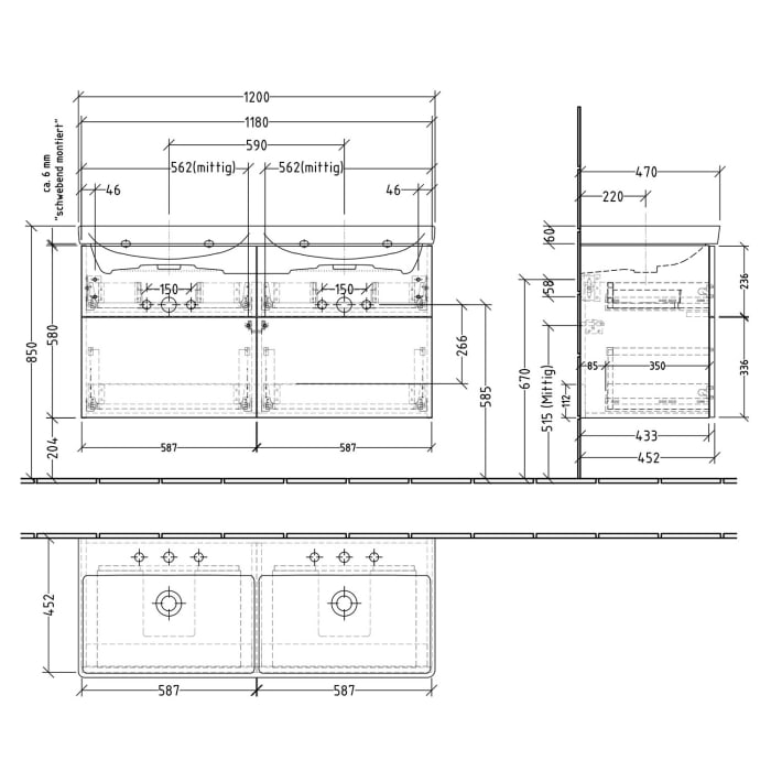 Sanipa 3way Waschtischunterbau für Keramik-Doppelwaschtisch Avento 120 cm, 4 Auszüge mit Push to open