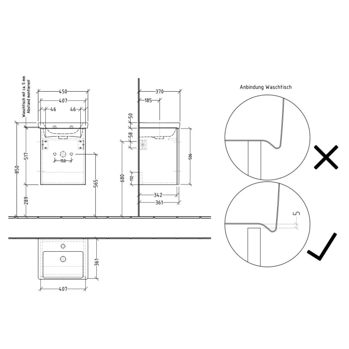 Sanipa 3way Waschtischunterbau für Keramik-Waschtisch Subway 3.0 45 cm, 1 Tür, Anschlag links, mit Push to open