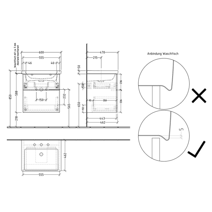 Sanipa 3way Waschtischunterbau für Keramik-Waschtisch Subway 3.0 60 cm, 2 Auszüge mit Push to open