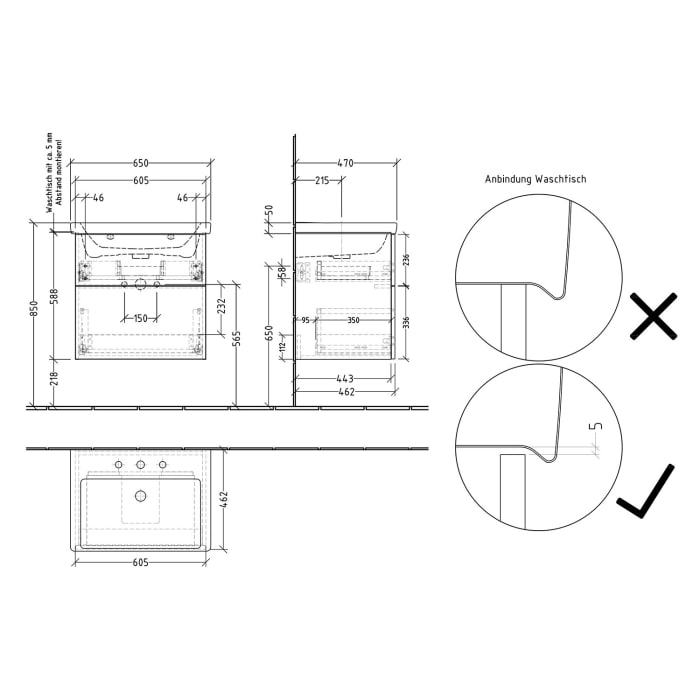 Sanipa 3way Waschtischunterbau für Keramik-Waschtisch Subway 3.0 65 cm, 2 Auszüge mit Push to open