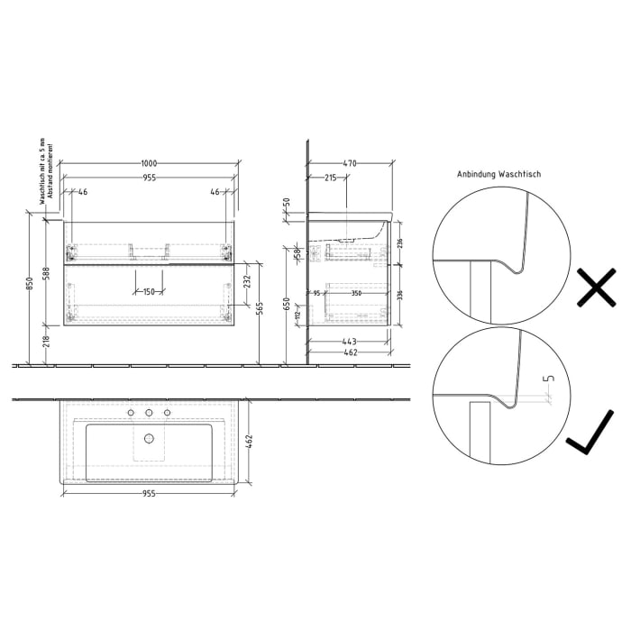 Sanipa 3way Waschtischunterbau für Keramik-Waschtisch Subway 3.0 100 cm, 2 Auszüge mit Push to open