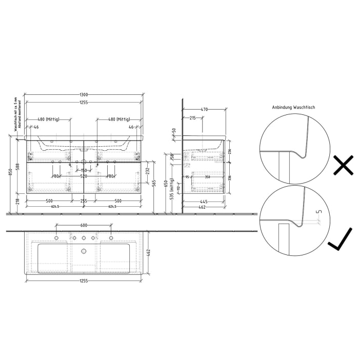 Sanipa 3way Waschtischunterbau für Keramik-Waschtisch Subway 3.0 130 cm, 4 Auszüge mit Push to open