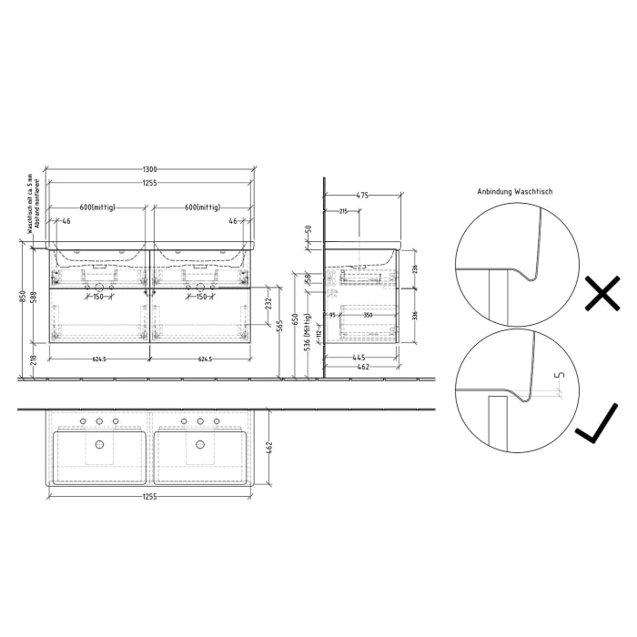 Sanipa 3way Waschtischunterbau für Keramik-Waschtisch Subway 3.0 130 cm für Doppelwaschtisch, 4 Auszüge mit Push to open