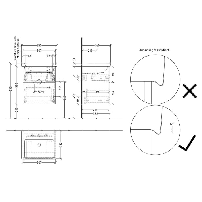Sanipa 3way Waschtischunterbau für Keramik-Waschtisch Subway 3.0 55 cm, 2 Auszüge mit Push to open
