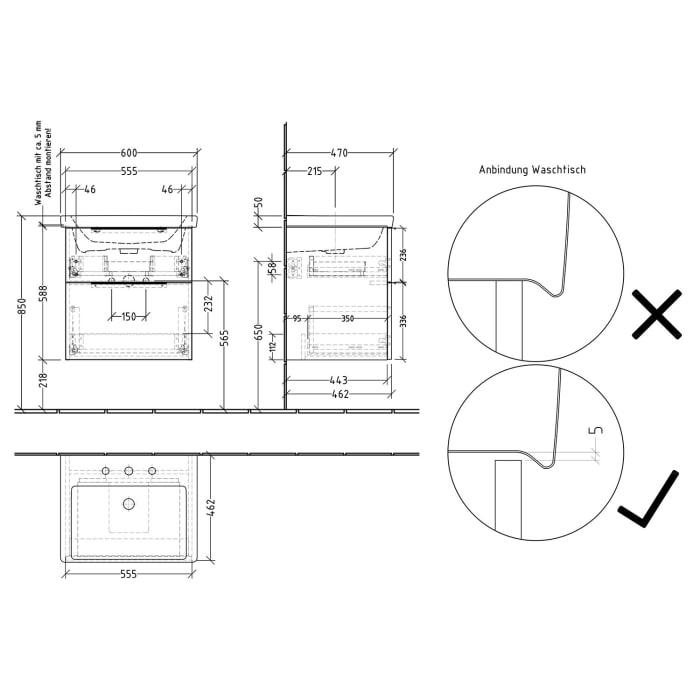 Sanipa 3way Waschtischunterbau für Keramik-Waschtisch Subway 3.0 60 cm, 2 Auszüge mit Aufsatzgriff