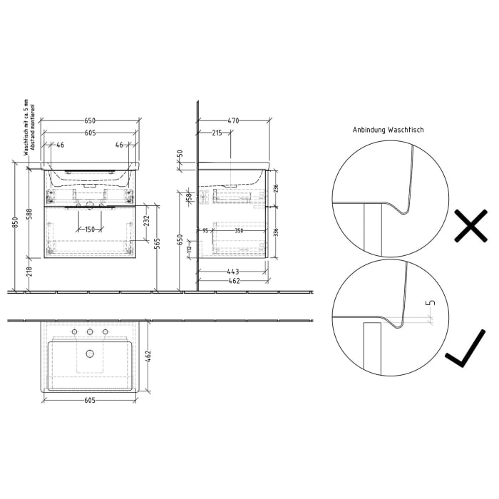 Sanipa 3way Waschtischunterbau für Keramik-Waschtisch Subway 3.0 65 cm, 2 Auszüge mit Aufsatzgriff
