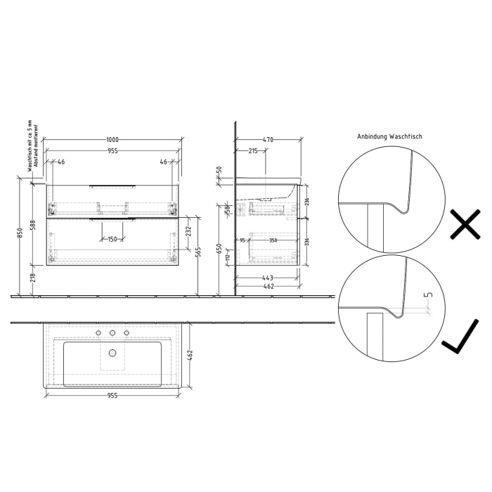 Sanipa 3way Waschtischunterbau für Keramik-Waschtisch Subway 3.0 100 cm, 2 Auszüge mit Aufsatzgriff