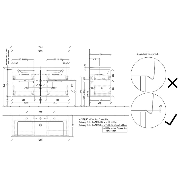 Sanipa 3way Waschtischunterbau für Keramik-Waschtisch Subway 3.0 130 cm, 4 Auszüge mit Aufsatzgriff