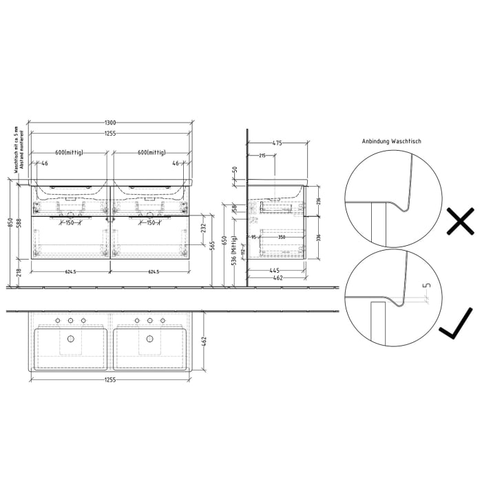 Sanipa 3way Waschtischunterbau für Keramik-Waschtisch Subway 3.0 130 cm für Doppelwaschtisch, 4 Auszüge mit Aufsatzgriff