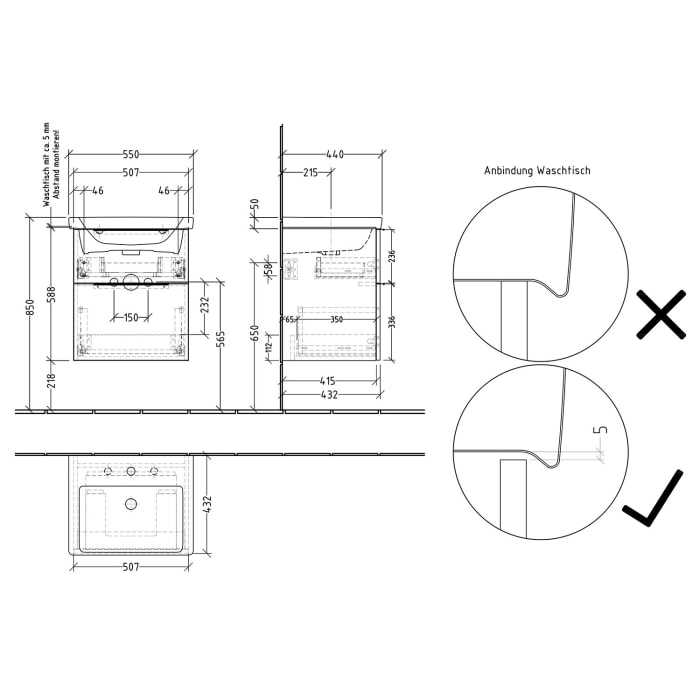 Sanipa 3way Waschtischunterbau für Keramik-Waschtisch Subway 3.0 55 cm, 2 Auszüge mit Aufsatzgriff