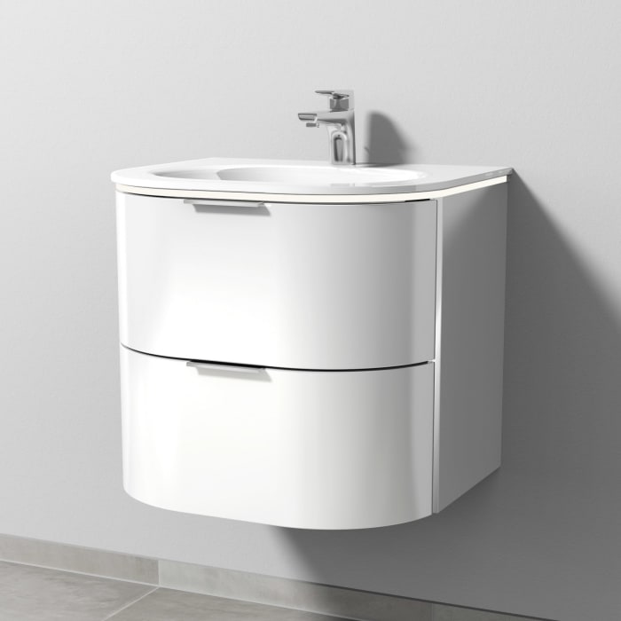 Sanipa 4balance Glas-Waschtisch + Waschtischunterbau 60 cm mit 2 Auszügen, Griff, LED