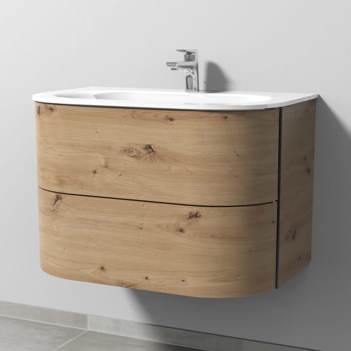 Sanipa 4balance Glas-Waschtisch + Waschtischunterbau 80 cm mit 2 Auszügen mit schwarzer Griffleiste