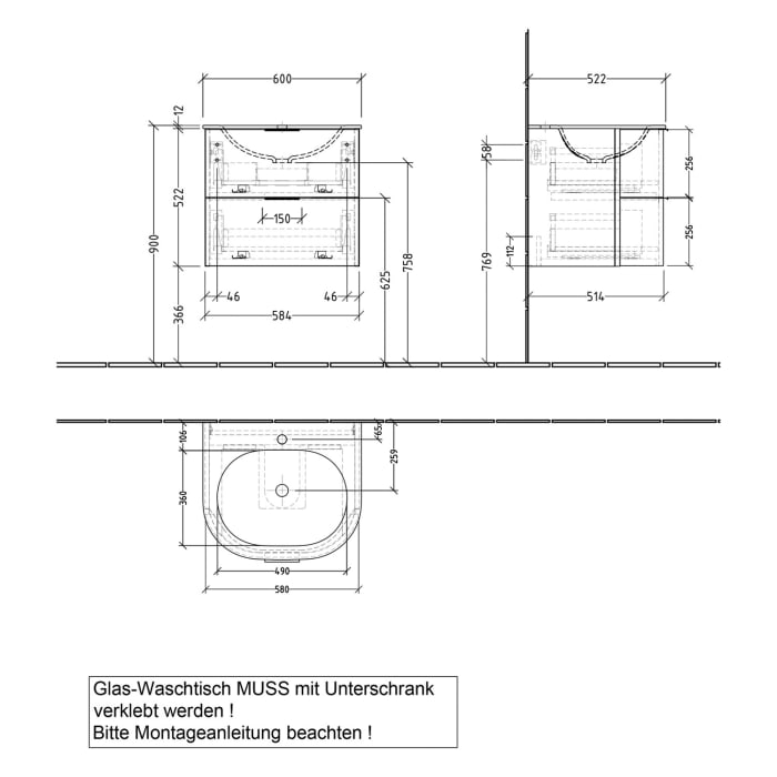 Sanipa 4balance Glas-Waschtisch + Waschtischunterbau 60 cm mit 2 Auszügen, Griff