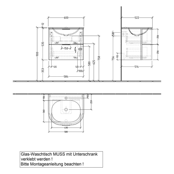 Sanipa 4balance Glas-Waschtisch + Waschtischunterbau 60 cm mit 2 Auszügen, Griff, LED