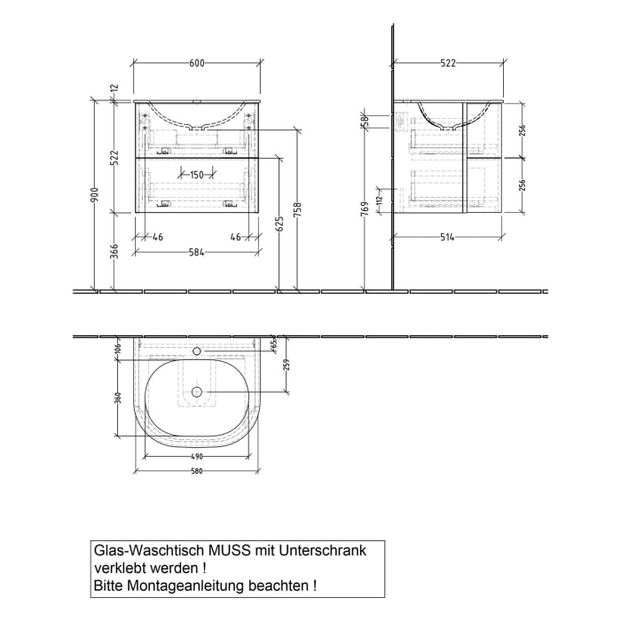 Sanipa 4balance Glas-Waschtisch + Waschtischunterbau 60 cm mit 2 Auszügen