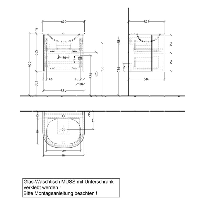 Sanipa 4balance Glas-Waschtisch + Waschtischunterbau 60 cm mit 2 Auszügen, LED