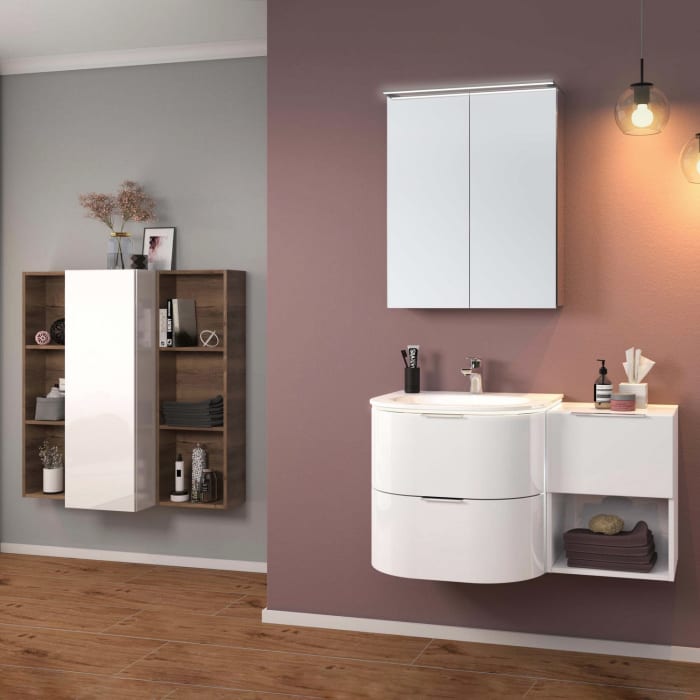 Sanipa 4balance Glas-Waschtisch + Waschtischunterbau 60 cm mit 2 Auszügen, Griff, LED