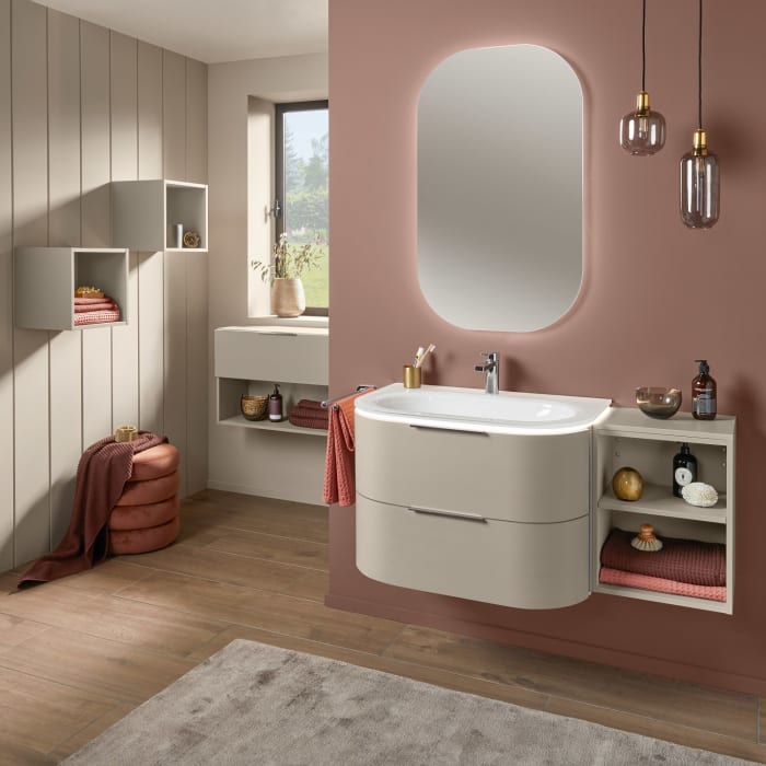 Sanipa 4balance Glas-Waschtisch + Waschtischunterbau 80 cm mit 2 Auszügen, Griff, LED