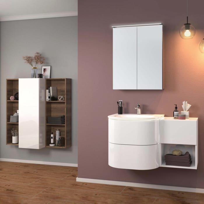 Sanipa 4balance Glas-Waschtisch + Waschtischunterbau 60 cm mit 2 Auszügen, LED