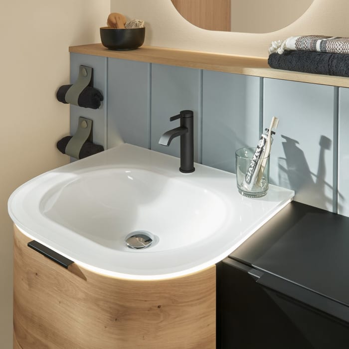 Sanipa 4balance Glas-Waschtisch + Waschtischunterbau 60 cm mit 2 Auszügen, LED