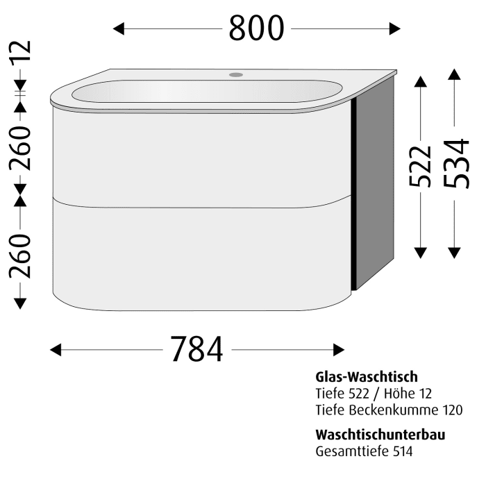 Sanipa 4balance Glas-Waschtisch + Waschtischunterbau 80 cm mit 2 Auszügen, Griff
