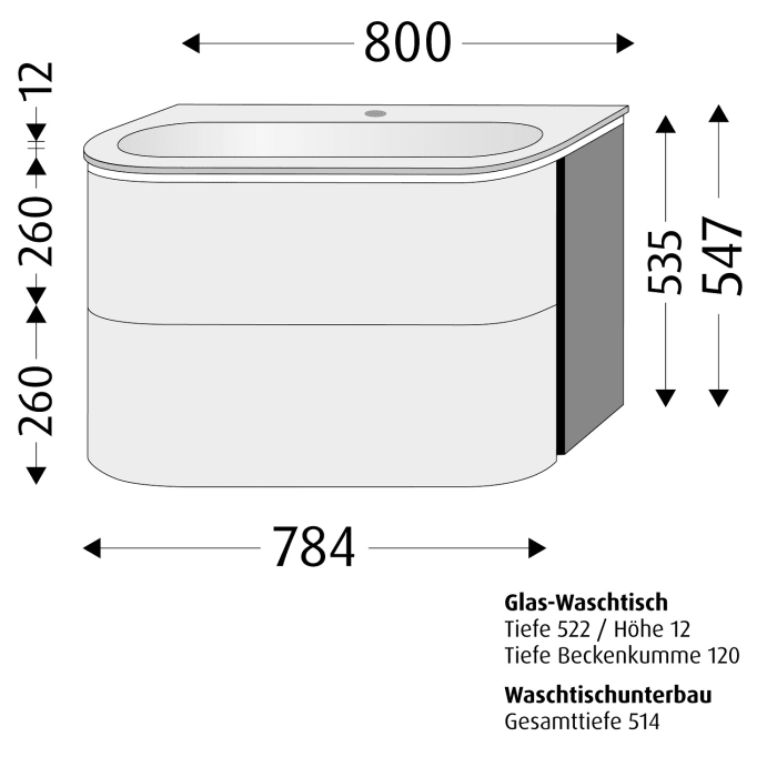 Sanipa 4balance Glas-Waschtisch + Waschtischunterbau 80 cm mit 2 Auszügen, LED