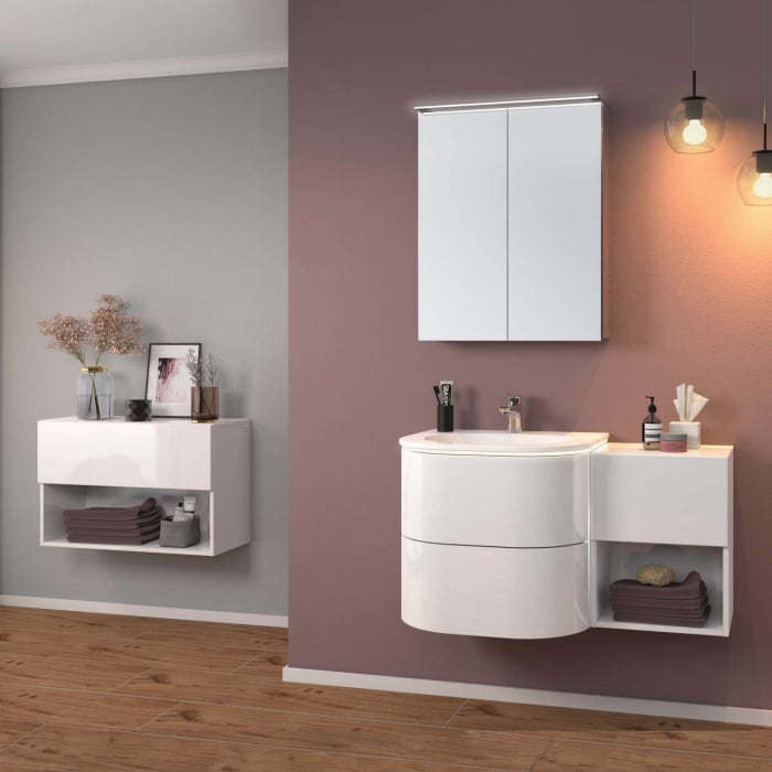 Sanipa 4balance Keramik-Waschtisch + Waschtischunterbau 60 cm mit 2 Auszügen Griffe schwarz, LED