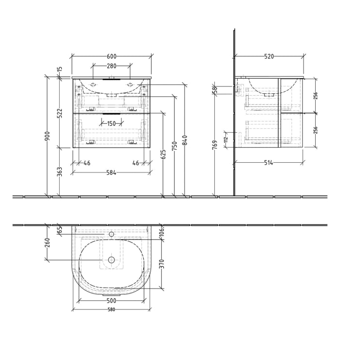 Sanipa 4balance Keramik-Waschtisch + Waschtischunterbau 60 cm mit 2 Auszügen, Griff schwarz