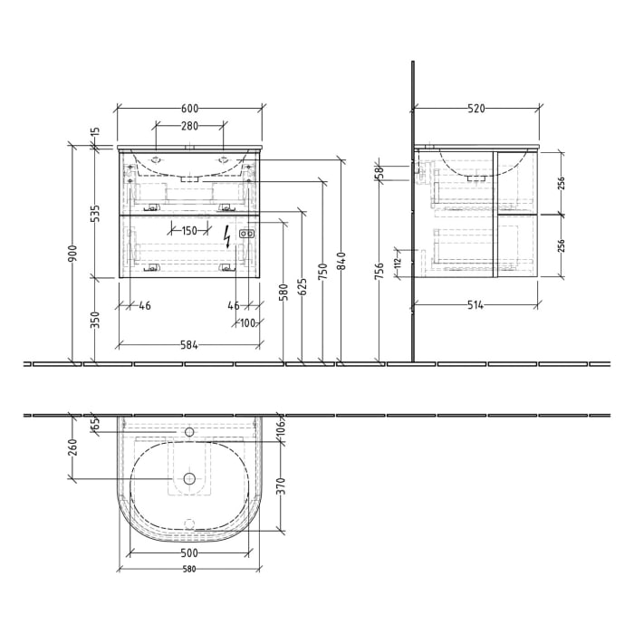 Sanipa 4balance Keramik-Waschtisch + Waschtischunterbau 60 cm mit 2 Auszügen Griffe schwarz, LED