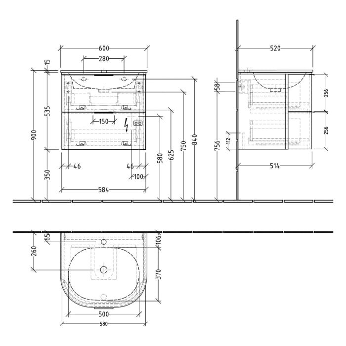 Sanipa 4balance Keramik-Waschtisch + Waschtischunterbau 60 cm mit 2 Auszügen, Griff, LED