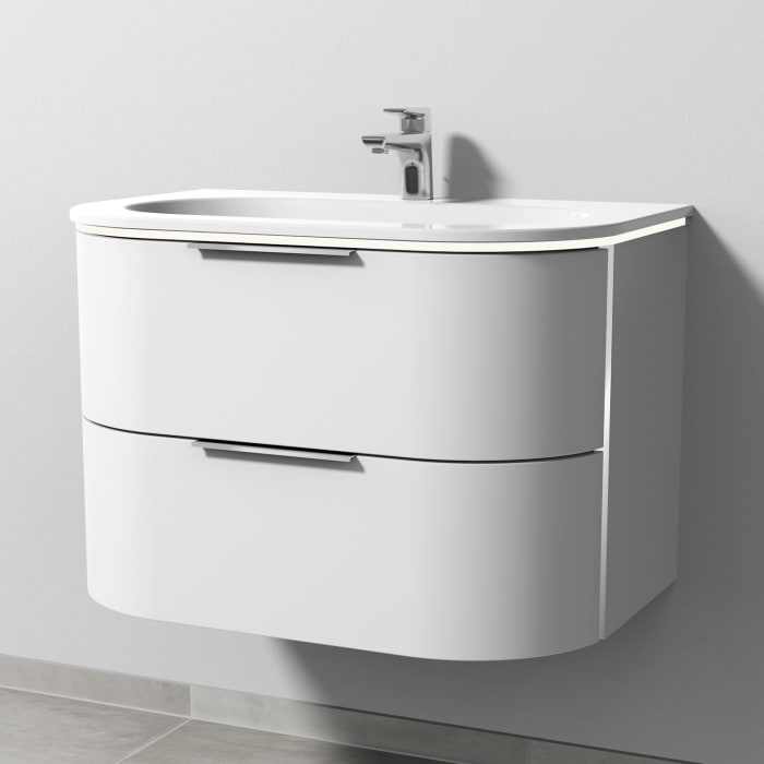 Sanipa 4balance Keramik-Waschtisch + Waschtischunterbau 80 cm mit 2 Auszügen, LED, Griffe in schwarz matt