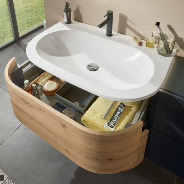 Sanipa 4balance Keramik-Waschtisch + Waschtischunterbau 80 cm mit 2 Auszügen, Griff, LED