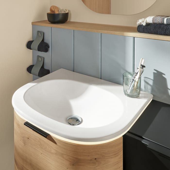 Sanipa 4balance Keramik-Waschtisch + Waschtischunterbau 60 cm mit 2 Auszügen, LED, OHNE Hahnloch