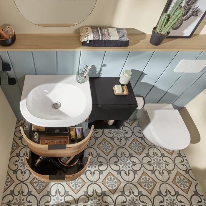 Sanipa 4balance Keramik-Waschtisch + Waschtischunterbau 60 cm mit 2 Auszügen, LED, OHNE Hahnloch