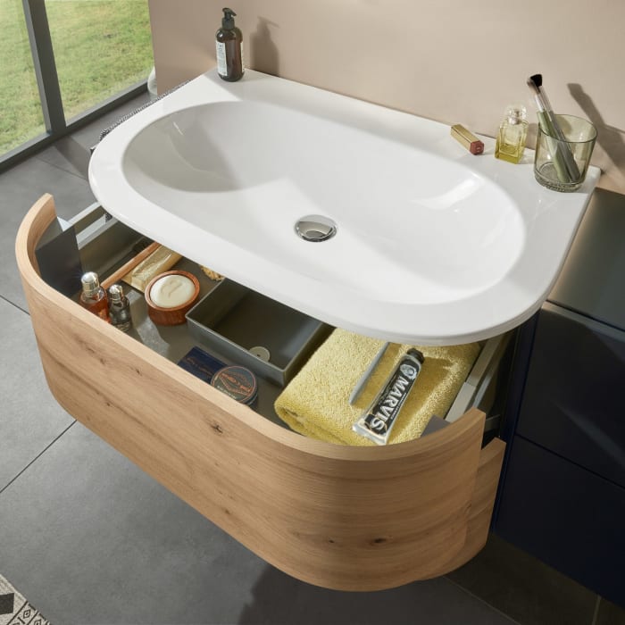 Sanipa 4balance Keramik-Waschtisch + Waschtischunterbau 80 cm mit 2 Auszügen, Griff, LED, OHNE Hahnloch