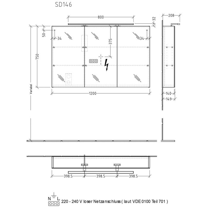 Sanipa Reflection Spiegelschrank MILLA 120 mit LED-Aufsatzleuchte, mittlere Tür, Anschlag links