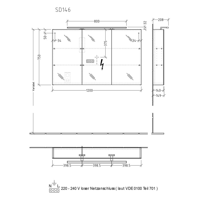 Sanipa Reflection Spiegelschrank MILLA 120 mit LED-Aufsatzleuchte, mittlere Tür, Anschlag links