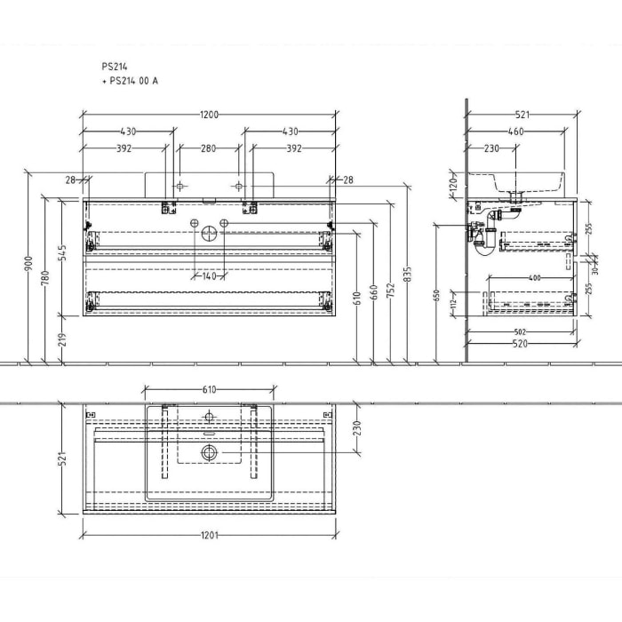 Sanipa Solo One Angular Keramik-Set 120 cm mit Keramik-Waschtisch und Waschtischunterbau mit 2 Auszügen