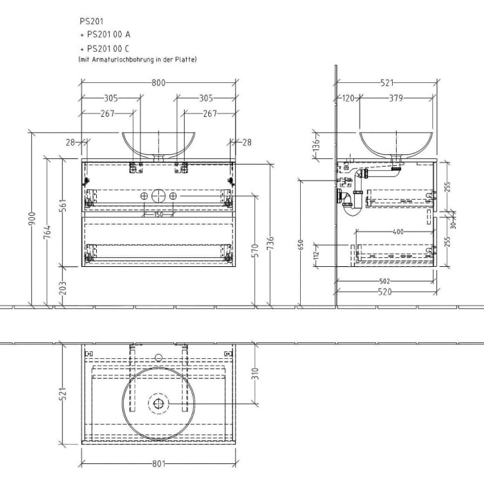 Sanipa Solo One Eloquo Keramik-Set 80 cm mit Keramik-Waschtisch und Waschtischunterbau mit 2 Auszügen, inkl. Armaturbohrung