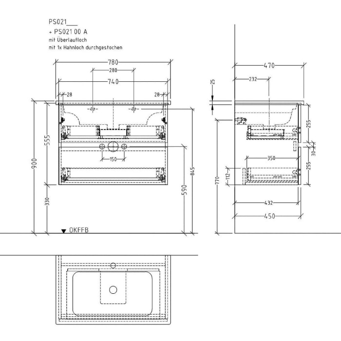 Sanipa Solo One Euphoria Waschtischkombination mit Keramikwaschtisch 78 cm, 2 Auszüge
