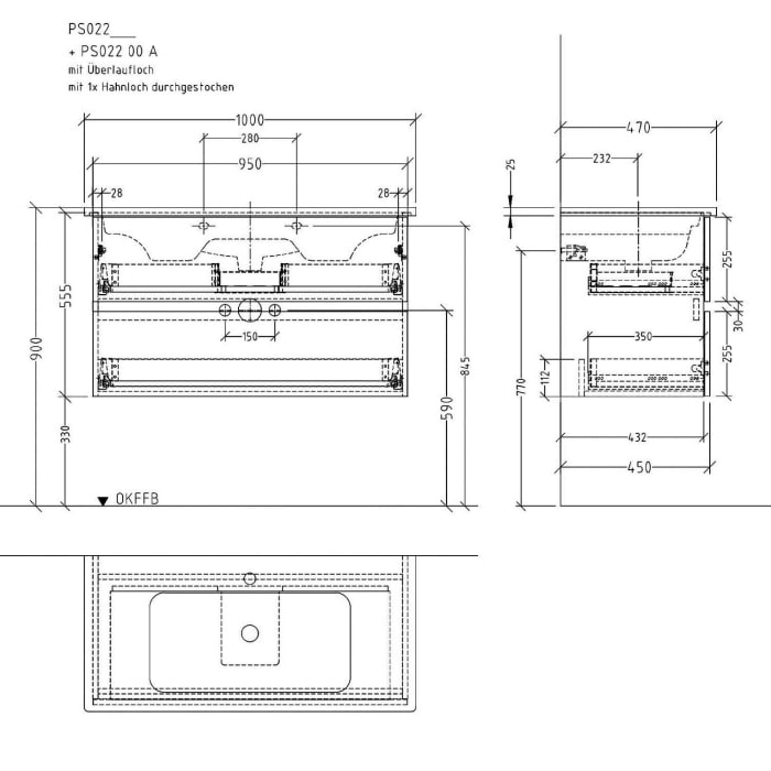 Sanipa Solo One Euphoria Waschtischkombination mit Keramikwaschtisch 100 cm, 2 Auszüge