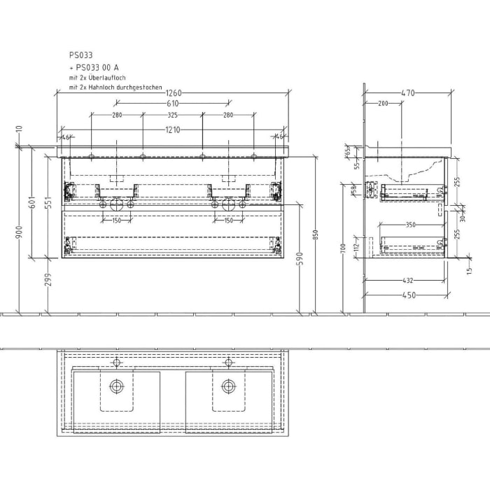 Sanipa Solo One Harmonia Waschtischkombination mit Keramikdoppelwaschtisch 126 cm, 2 Auszüge
