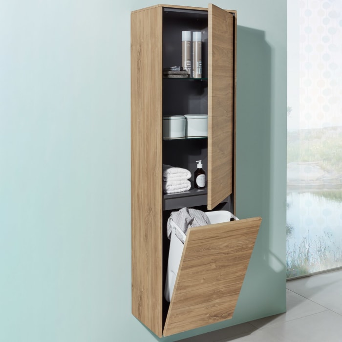 Sanipa Twiga Hochschrank 47,5 cm, 1 Wäschekippe, 1 Türe mit Türanschlag rechts, inkl. LED-Beleuchtung