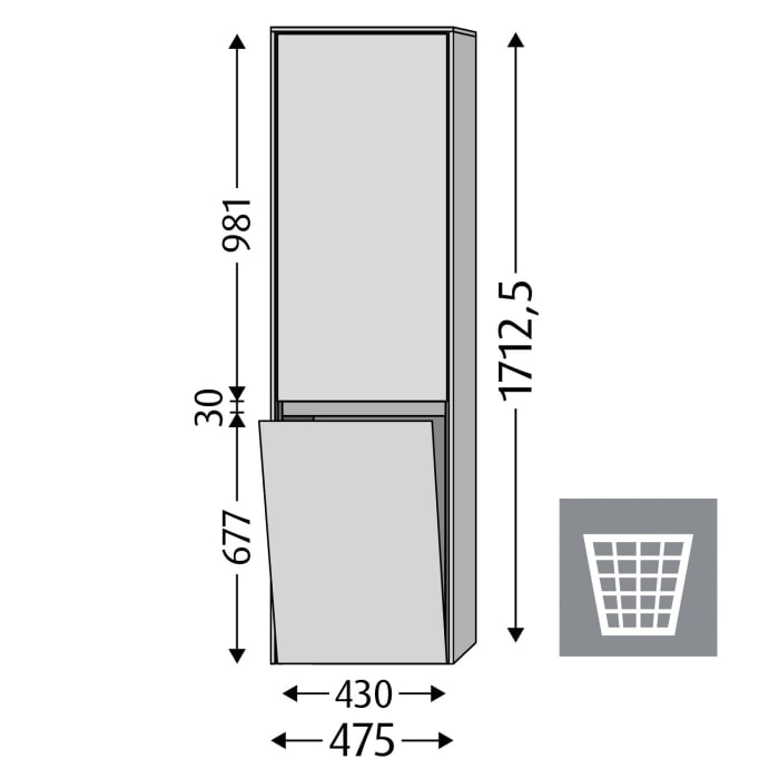 Sanipa Twiga Hochschrank 47,5 cm, 1 Wäschekippe, 1 Türe mit Türanschlag rechts